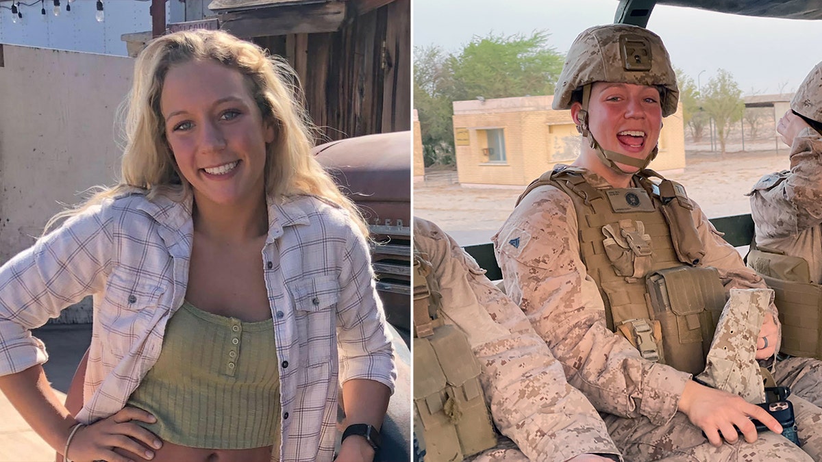 Nicole Gee in civilian clothing, left, and in Marine Corps uniform, right
