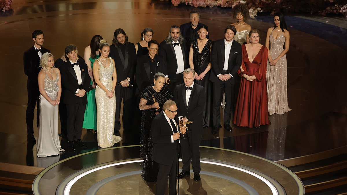 The cast of Oppenheimer on stage at the Oscars