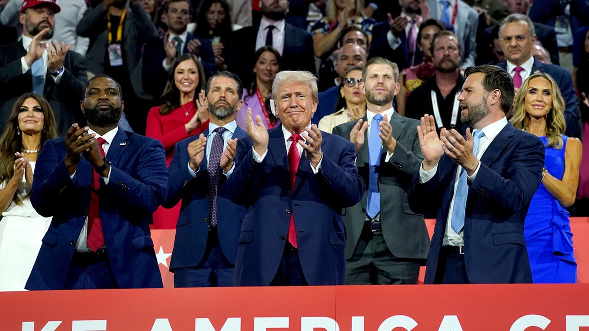 Former US President Donald Trump, center, and Senator JD Vance, a Republican from Ohio and Republican vice-presidential nominee, second right, during the Republican National Convention