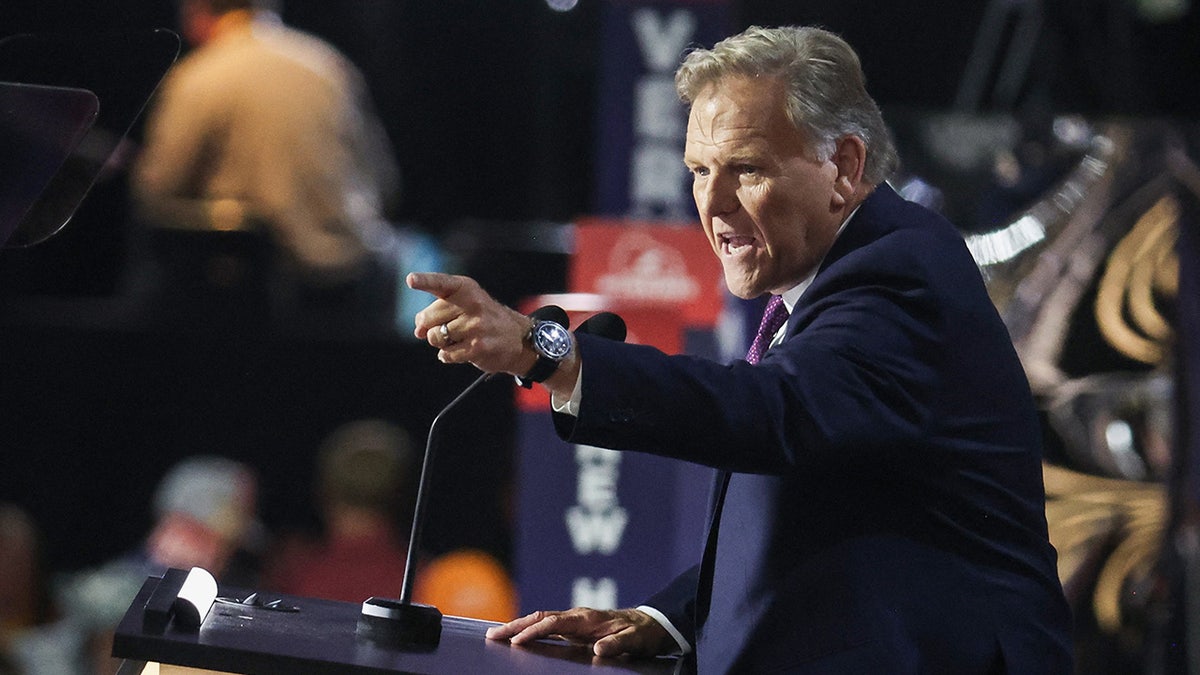 Mike Rogers gestures as he speaks on Day 2 of the Republican National Convention