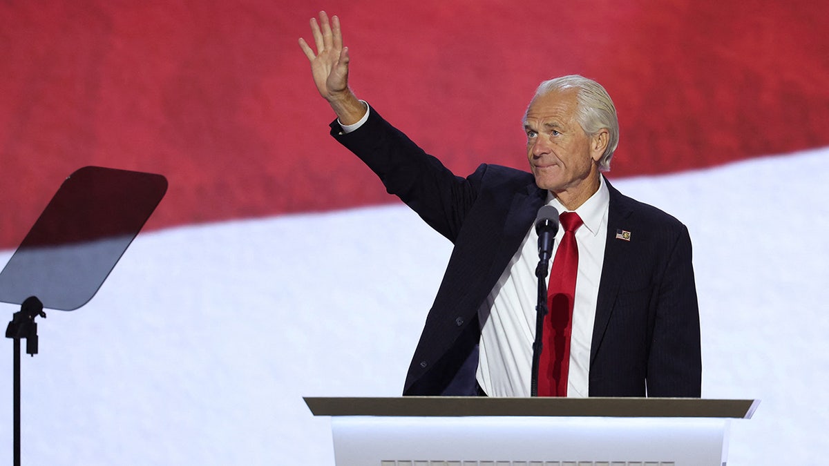 Peter Navarro waves as he speaks on Day 3 of the Republican National Convention