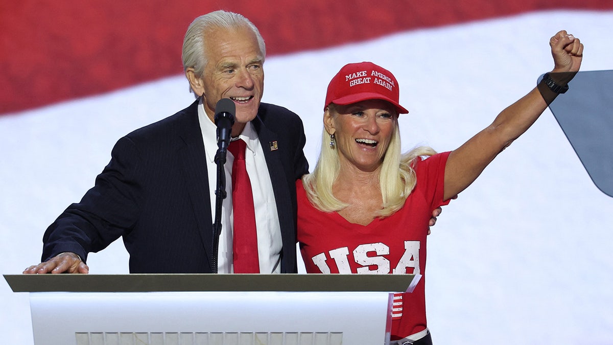 Peter Navarro stands with his fiancee Bonnie as he speaks on Day 3 of the Republican National Convention