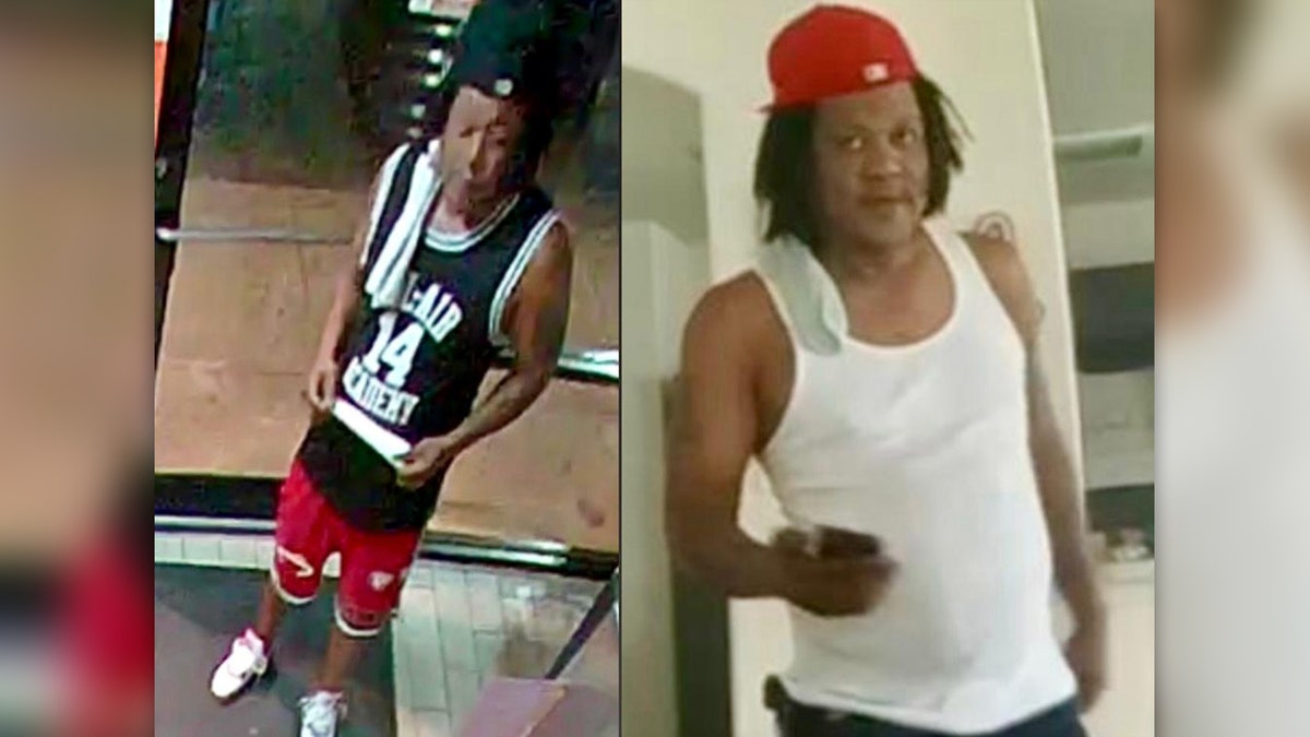 Ronnie Palmer in a tanktop and backwards hat in different surveillance photos, he also had dreadlocks and tattoos on both arms