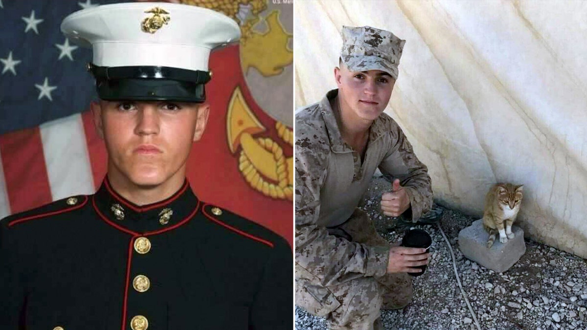 USMC Lance Cpl Rylee J. McCollum in uniform, left, Rylee posing with a small kitten while deployed, right