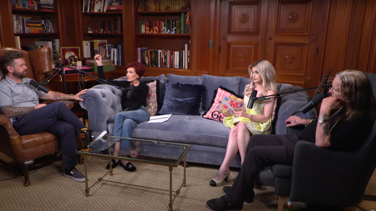 Screenshot of The Osbournes podcast with Jack left, then Sharon and Kelly on the couch and then Ozzy right