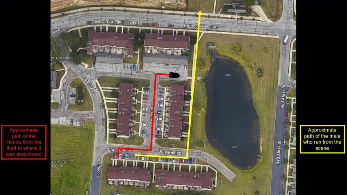 A satellite image of the condo complex shows the routes of the stolen vehicle and how the suspects fled on foot