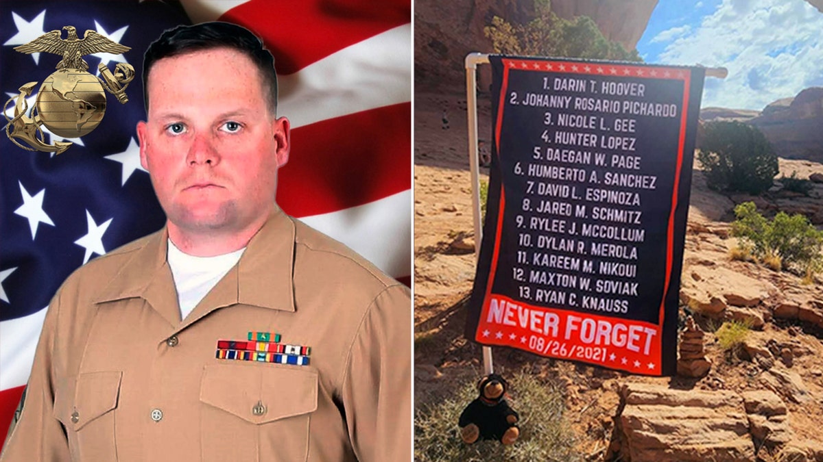 Retrato oficial del Cuerpo de Marines del Sargento Taylor Hoover, izquierda, bandera conmemorativa en honor a los 13 héroes americanos caídos el 26/8/21, derecha.