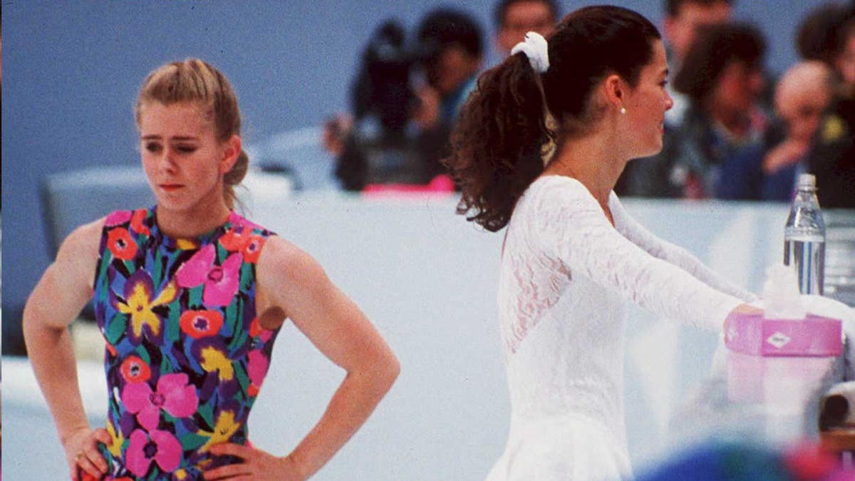 Nancy Kerrigan and Tonya Harding avoid each other on the ice