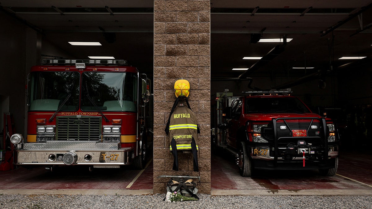 Memorial for firefighter Corey Comperatore in front of the fire station