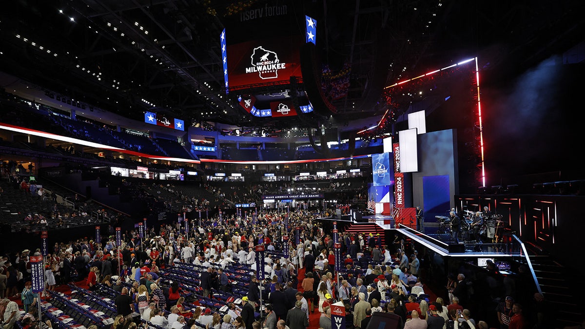 Delegates are seen on the floor during the first day of the 2024 Republican National Convention