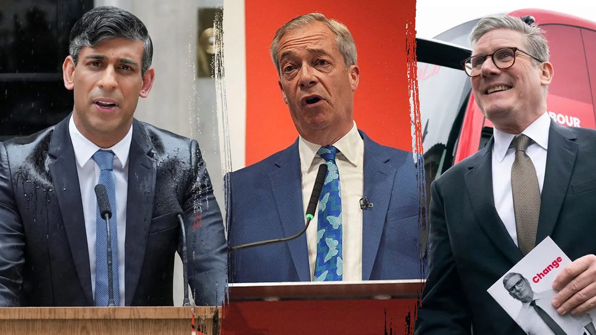 left to right split: Rishi Sunak, Nigel Farage, and Keir Starmer 