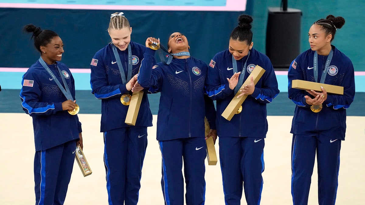 Team USA gymnastics gold medal podium