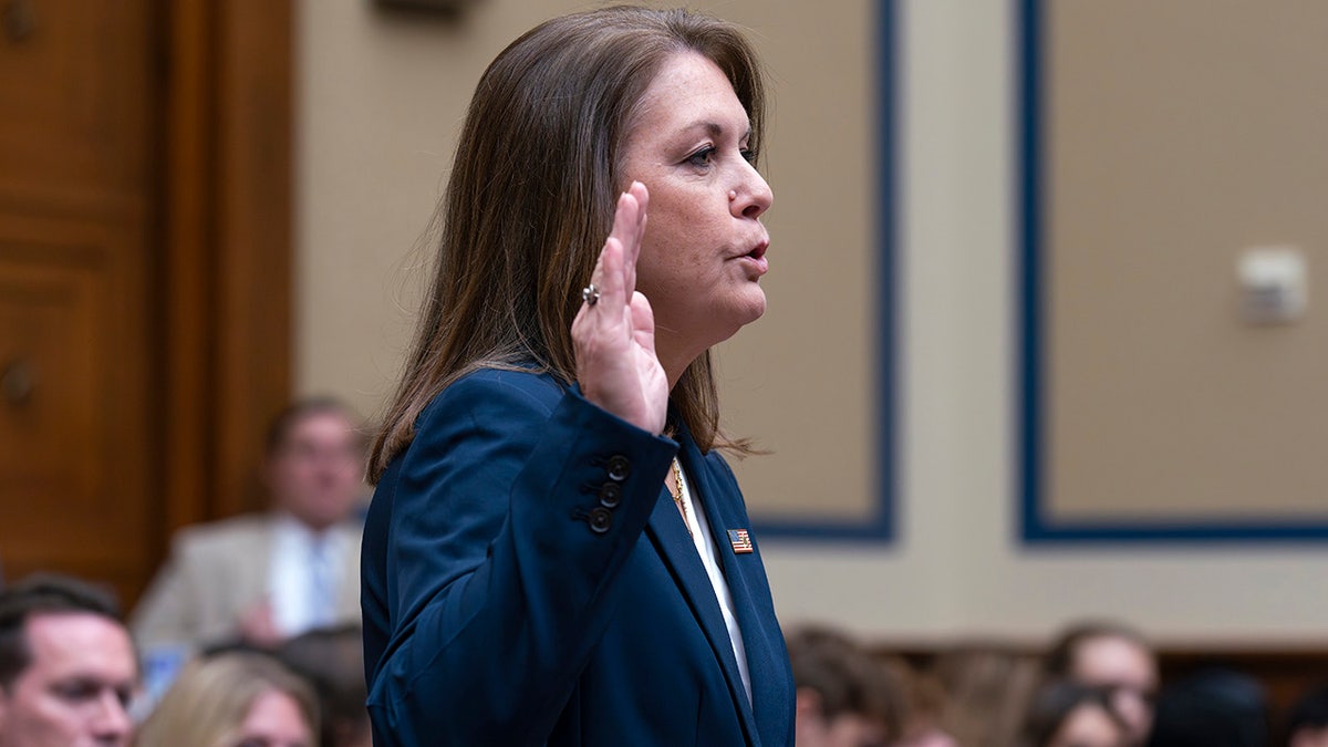 U.S. Secret Service Director Kimberly Cheatle is sworn in to testify before the House Oversight and Accountability Committee about the attempted assassination of former President Donald Trump at a campaign event in Pennsylvania that also saw one rallygoer killed and two others seriously wounded, at the Capitol in Washington, Monday, July 22, 2024. AP Photo/J. Scott Applewhite