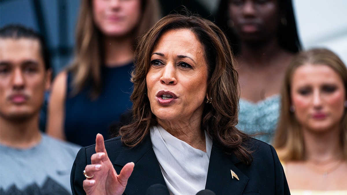 Vice President Kamala Harris speaks during an event with NCAA college athletes on the South Lawn of the White House in Washington, Monday, July 22, 2024.