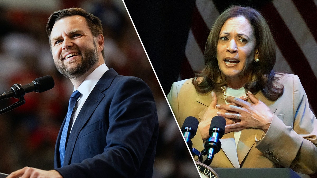 JD Vance smiles at the podium, left, Kamala Harris looks concerned with her hands placed on her chest, right