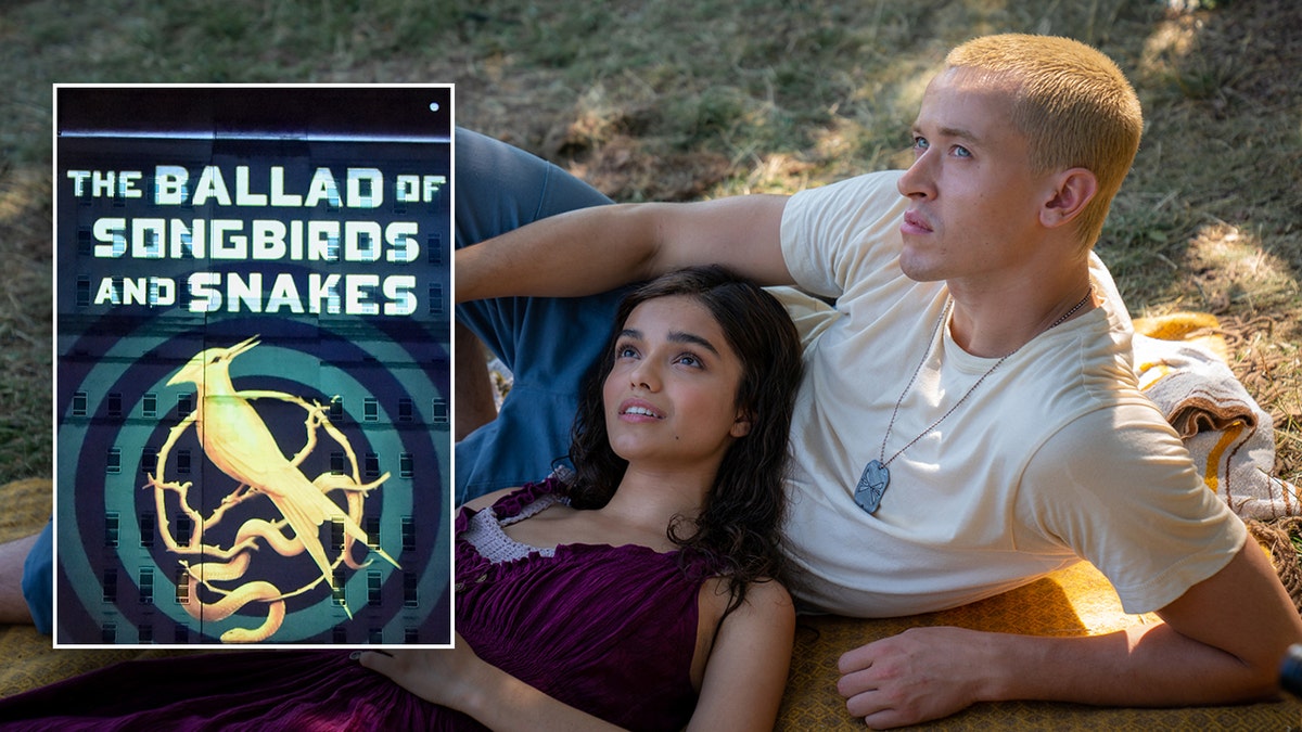"A Balada dos Pássaros Canoros e das Cobras" capa de livro com cena de filme ao fundo