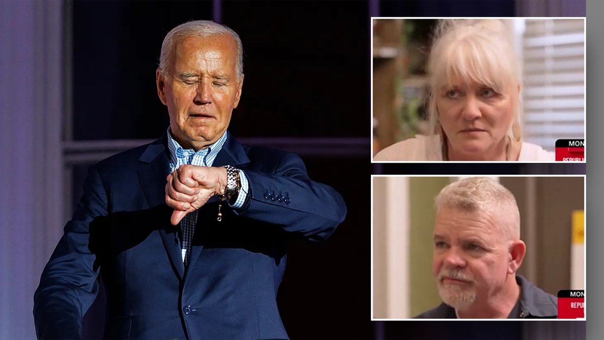 President Biden voters and photo of Biden looking at watch