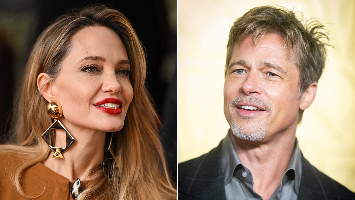 Angelina Jolie in a mustard dress smiles ad looks to her left split Brad Pitt in a dark suuit and grey shirt smiles and looks to his right