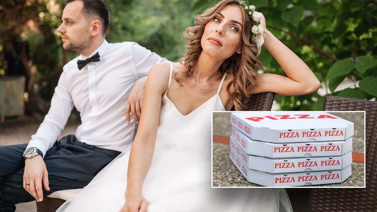 Una novia con cara de enfadada con una imagen insertada de cuatro cajas de pizza.