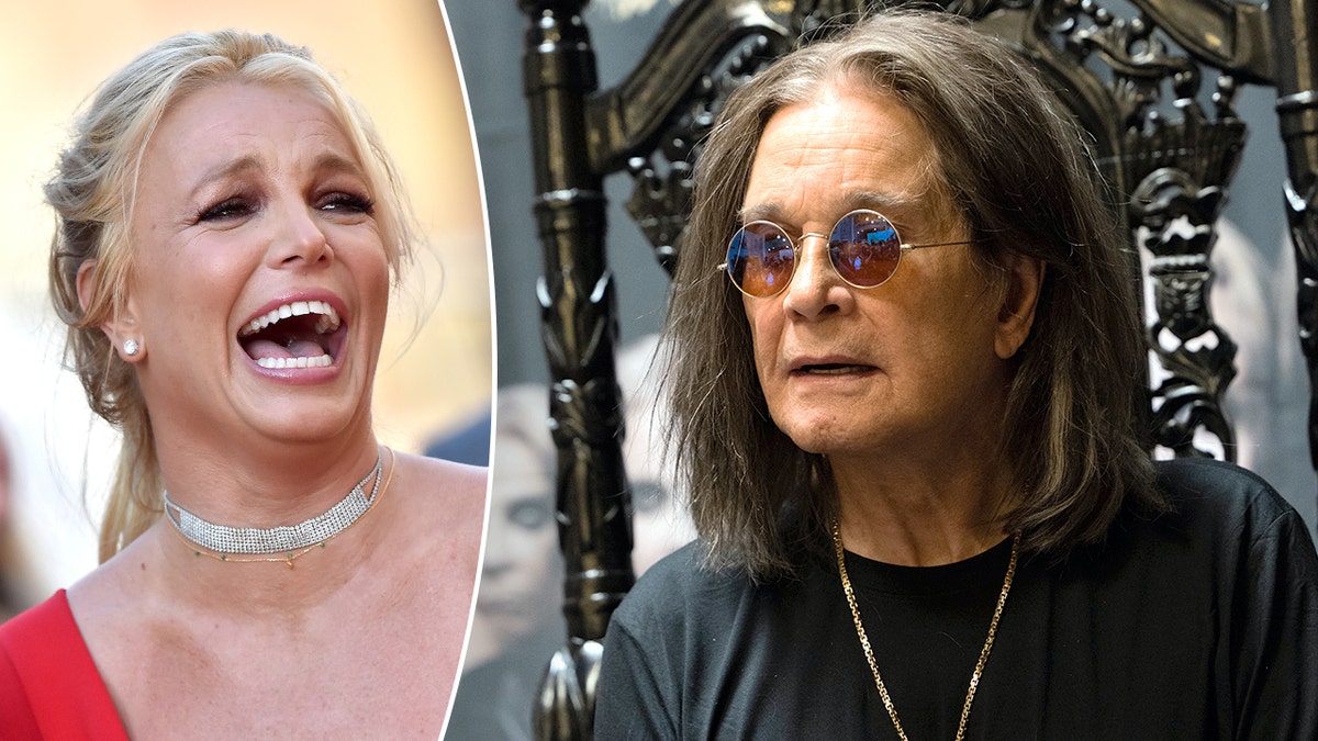 Britney Spears in a red dress laughs animatedly split Ozzy Osbourne in a black shirt and sunglasses looks unimpressed 