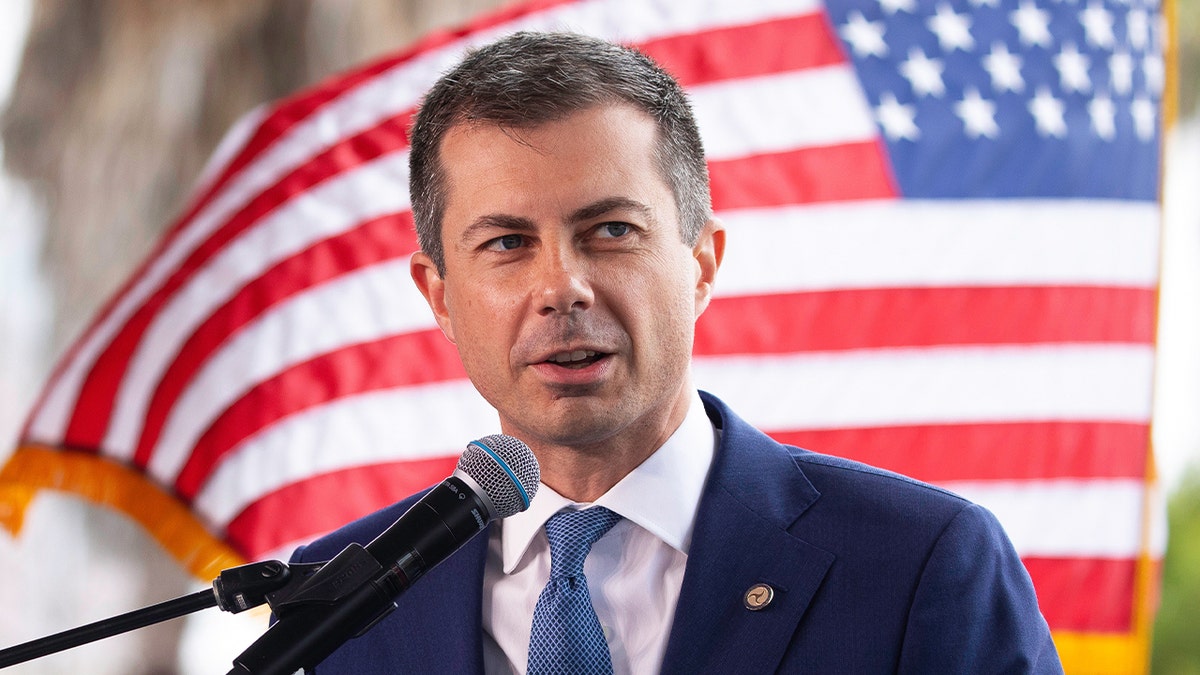 Transportation Secretary Pete Buttigieg speaks during a news conference in Long Beach, California, on Thursday, July 18, 2024.