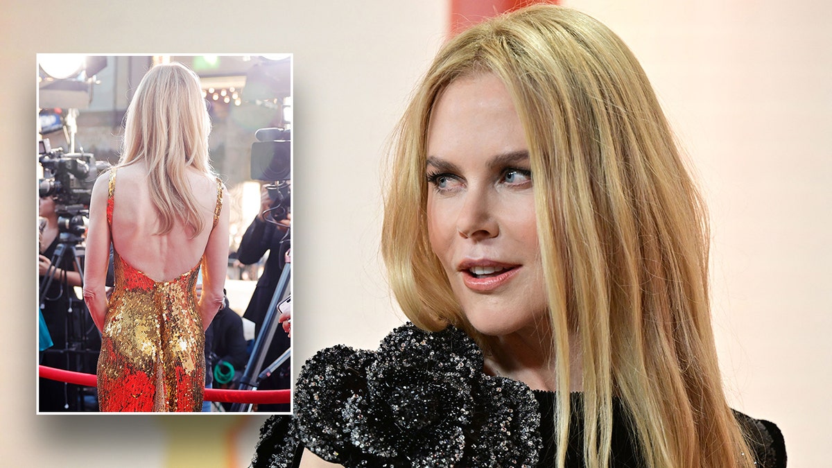 Nicole Kidman en la alfombra mira a su derecha con un vestido negro brillante inserta una foto de Nicole de espaldas con un vestido dorado