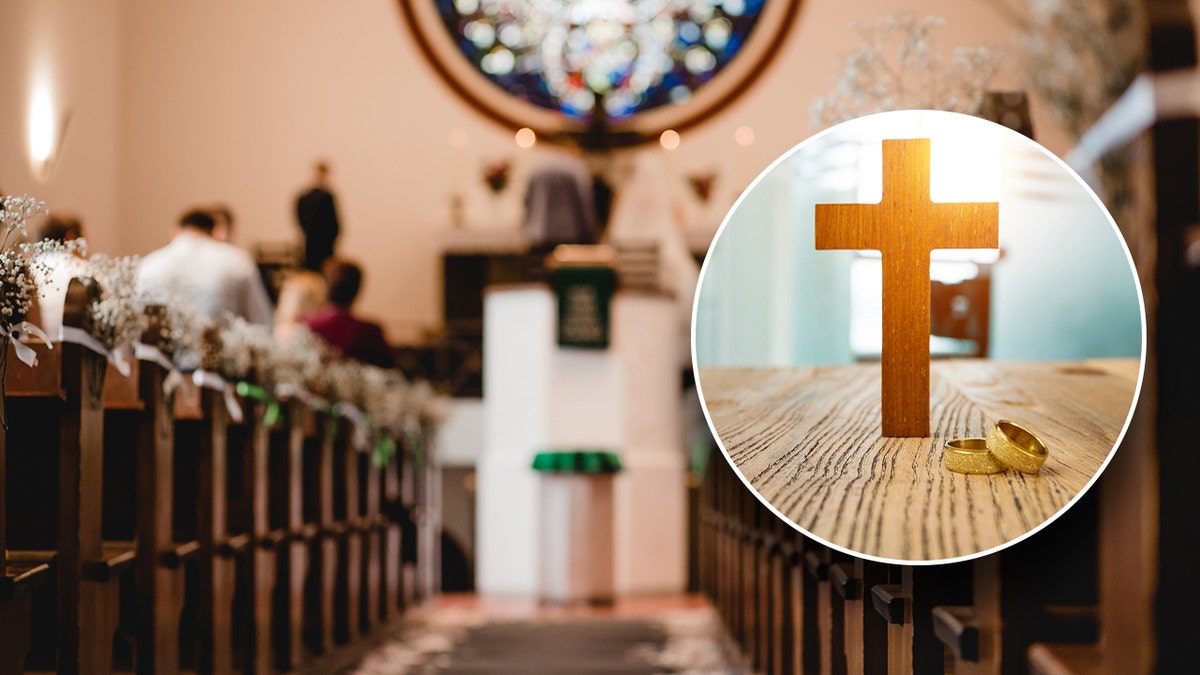 A photo of a cross with two wedding bands and a ceremony in a catholic church in the background 