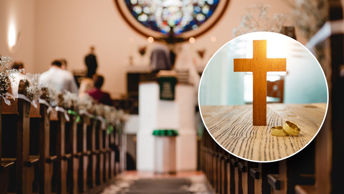 A photo of a cross with two wedding bands and a ceremony in a catholic church in the background