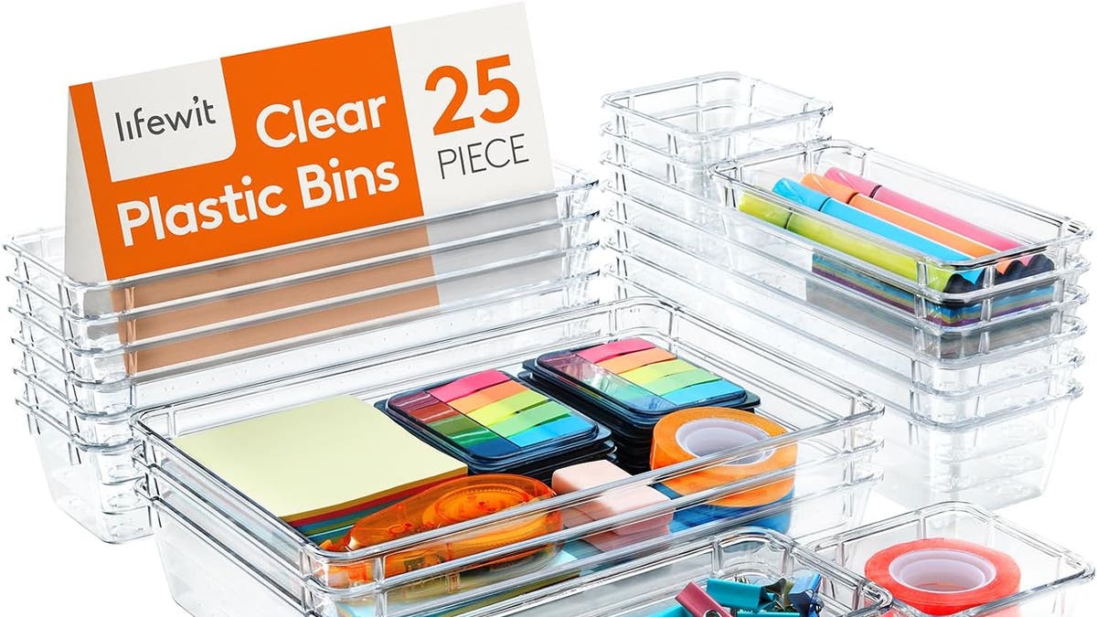 These clear bins are great for organizing your desk drawers.