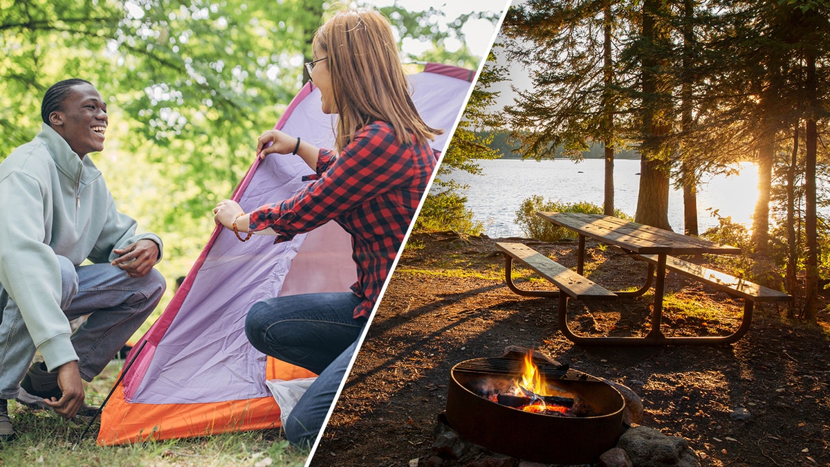 Couple pitching tent together and picture of empty campsite