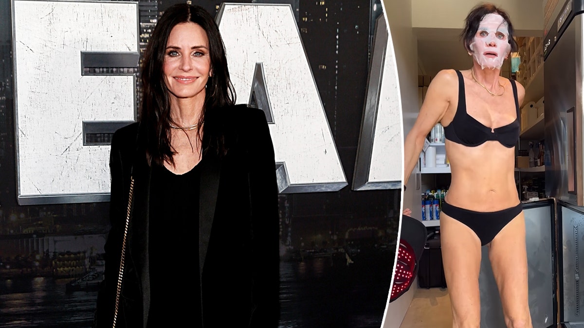 Courteney Cox on the red carpet split with her in a black bikini