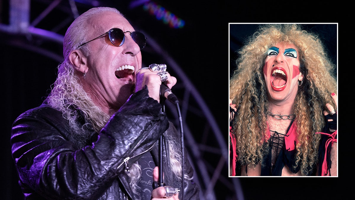 A photo of Dee Snider performing recently with an inset of him performing in Twisted Sister's heyday