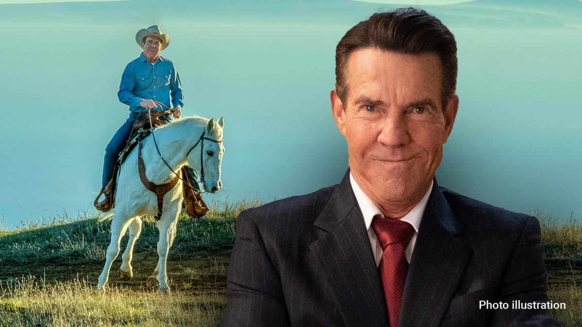 Dennis Quaid rides a horse and wears a suit as Ronald Reagan