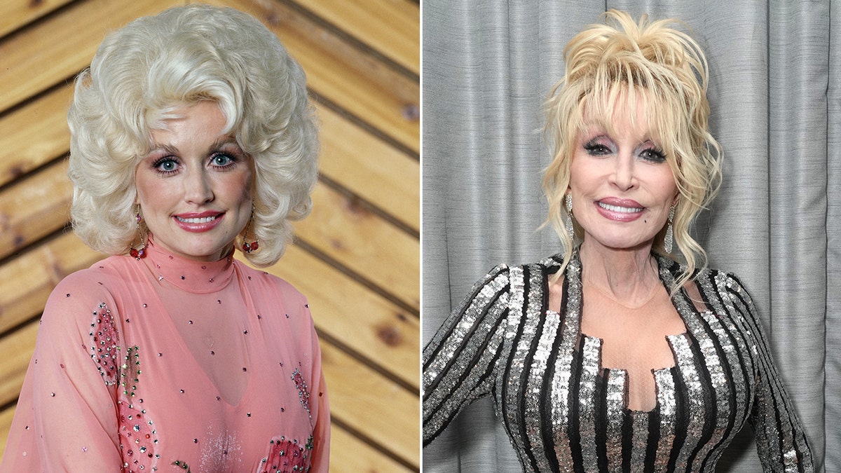 A young Dolly Parton in a pink see-through shirt split Dolly Parton now in a silver and black dress