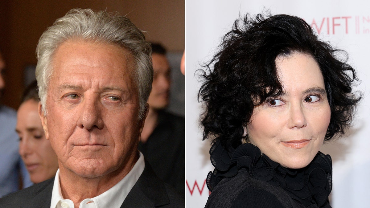 Dustin Hoffman looks to his left in a dark suit split Alex Borstein in black looks over her shoulder to the right