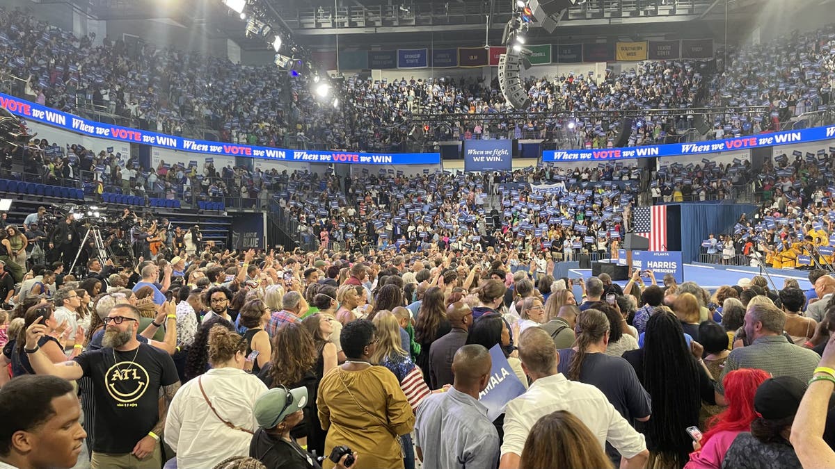 The crowd grows inside the Georgia State Convocation Center in Atlanta ahead of a rally to be headlined by Vice President Harris on July 30, 2024. (Fox News/Paul Steinhauser)