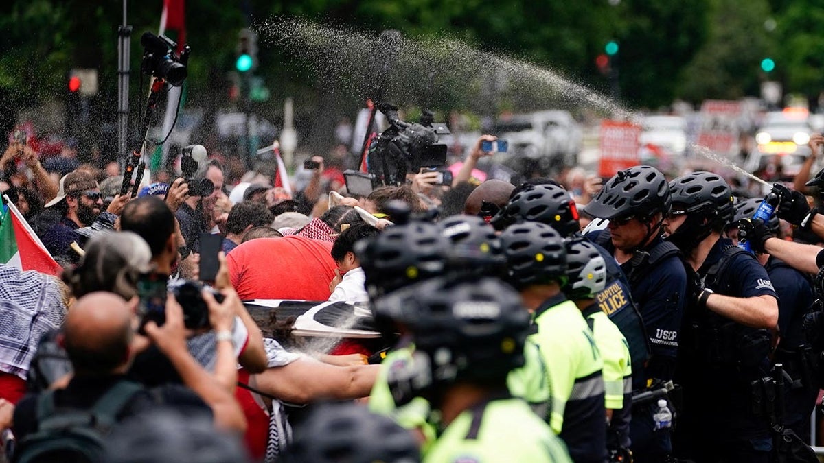 Police using pepper spray on protesters