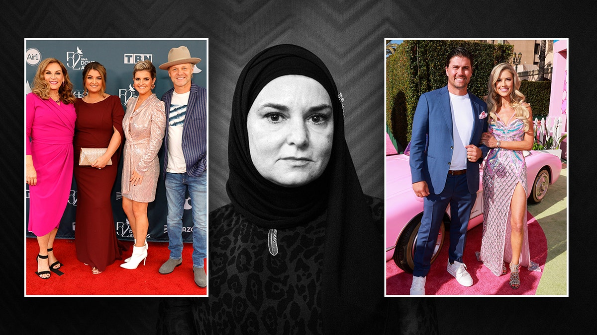 Gospel quartet The Nelons pose together on the red carpet split black and white photo of Sinead O'Connor wearing a head scarf split Josh Hall in a blue suit next to Christina Hall on the 'Barbie' carpet
