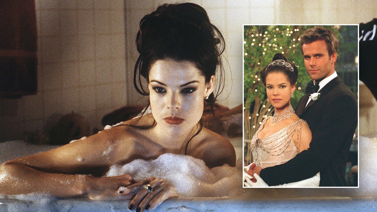 Actress Esta Terblanche sits in a bathtub and acts on TV show.