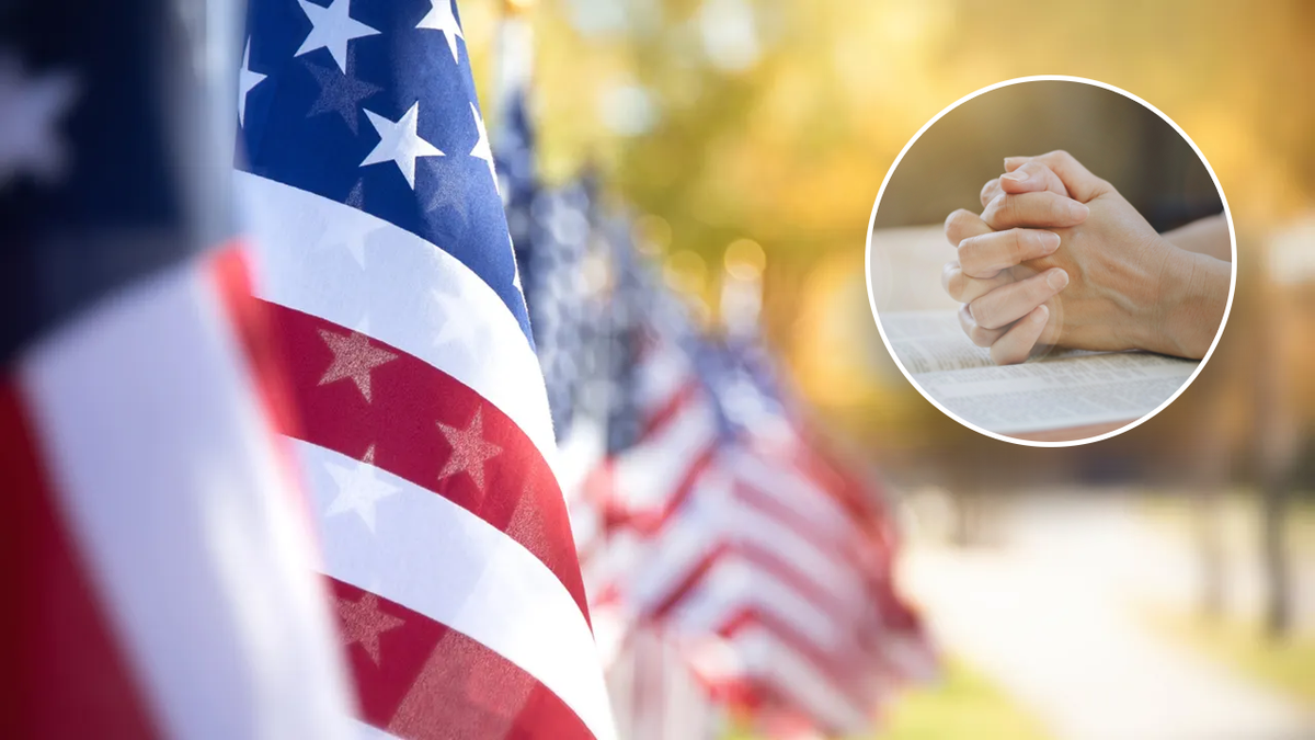 Bandeira americana e mãos em oração