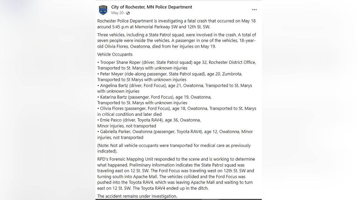 The police in Rochester, Minnesota, released this information after the fatal crash involving State Trooper Shane Roper, who was criminally charged in July. 