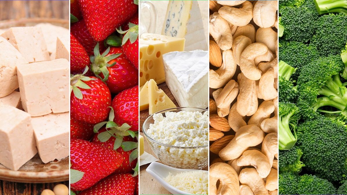 Split image of nuts, tofu, strawberries, broccoli florets, and dairy products.