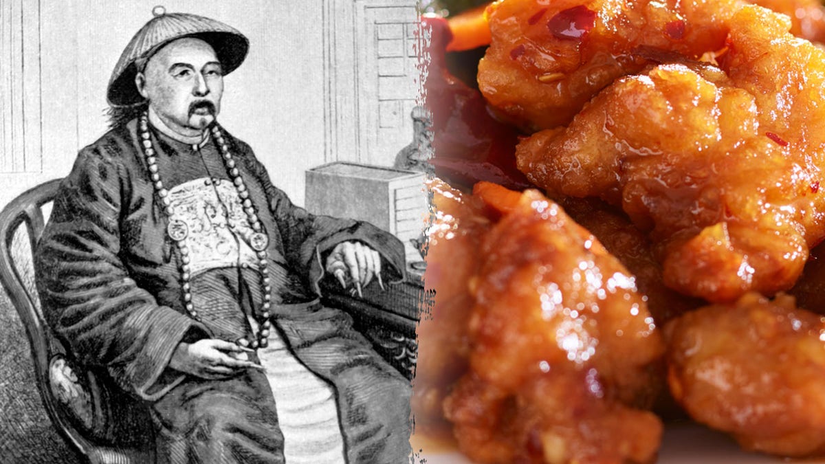 A drawing of General Tso fading into General Tso's chicken.