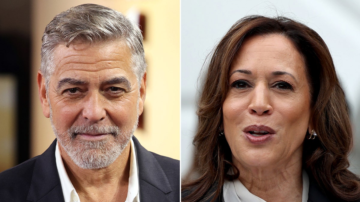 split photo of george clooney, kamala harris