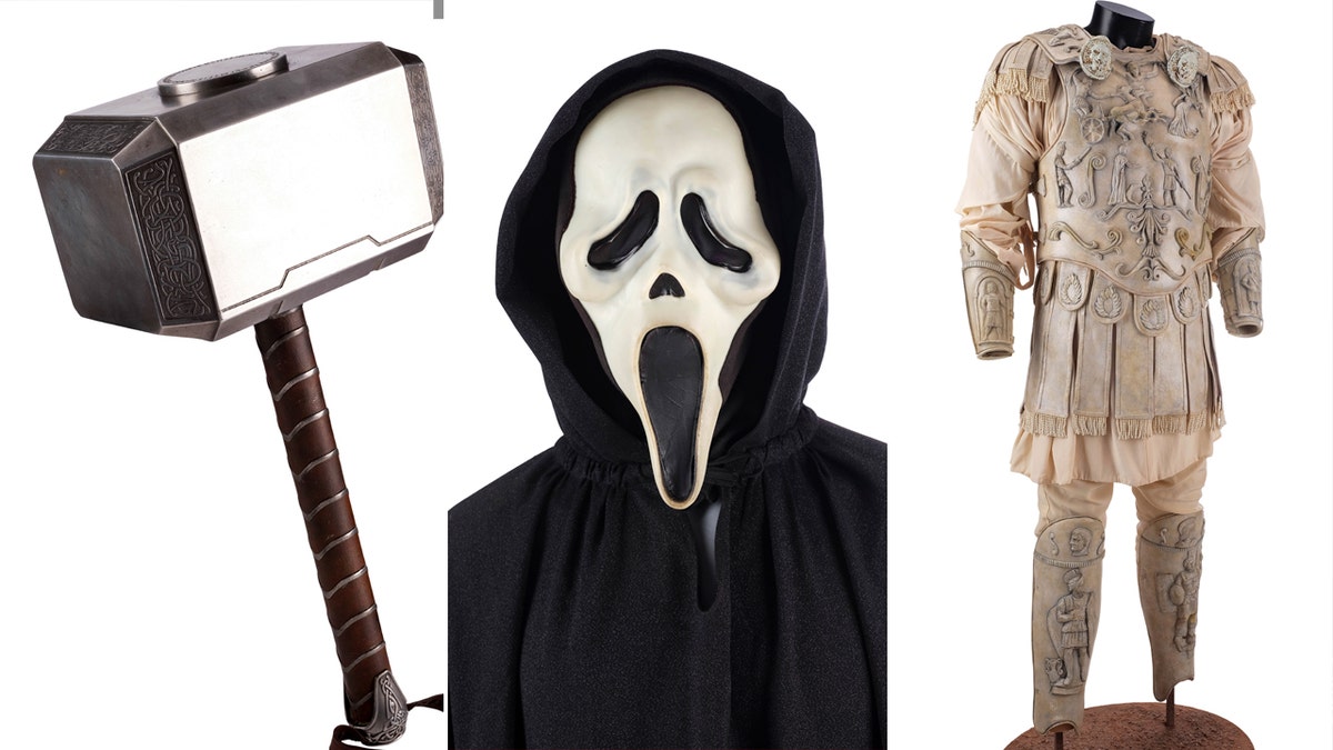 Thor's hammer, a "Scream" mask and a costume from "Gladiator," three-way split.