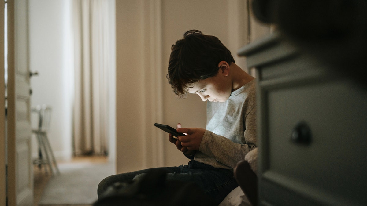 Boy playing on his phone at home