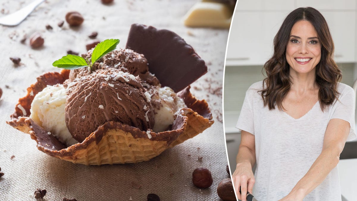 Ice cream scoops split with picture of brunette woman.