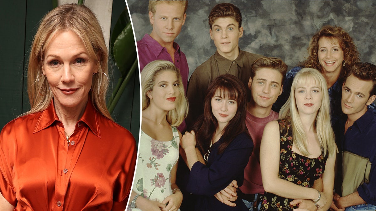 A split image of Jennie Garth now with the cast of "Beverly Hills, 90210"