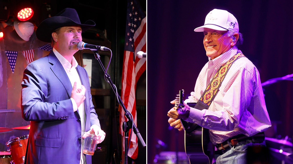 John Rich in a blue jacket and black hat stands behind the microphone split George Straight in white performs on stage