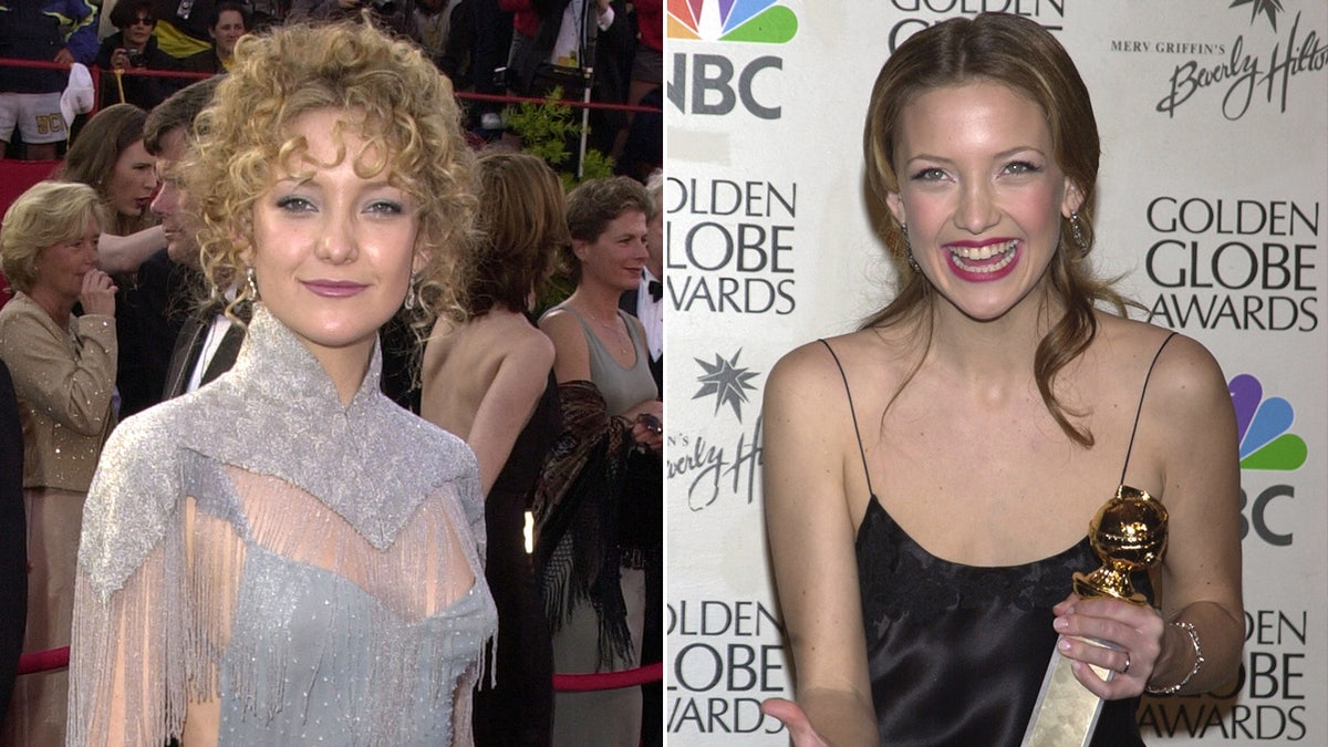 A split image of Kate Hudson at the 2001 Oscars and the 2001 Golden Globes